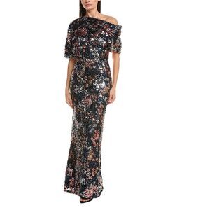 Amsale Womens  One-Shoulder Sequin Gown, Blue